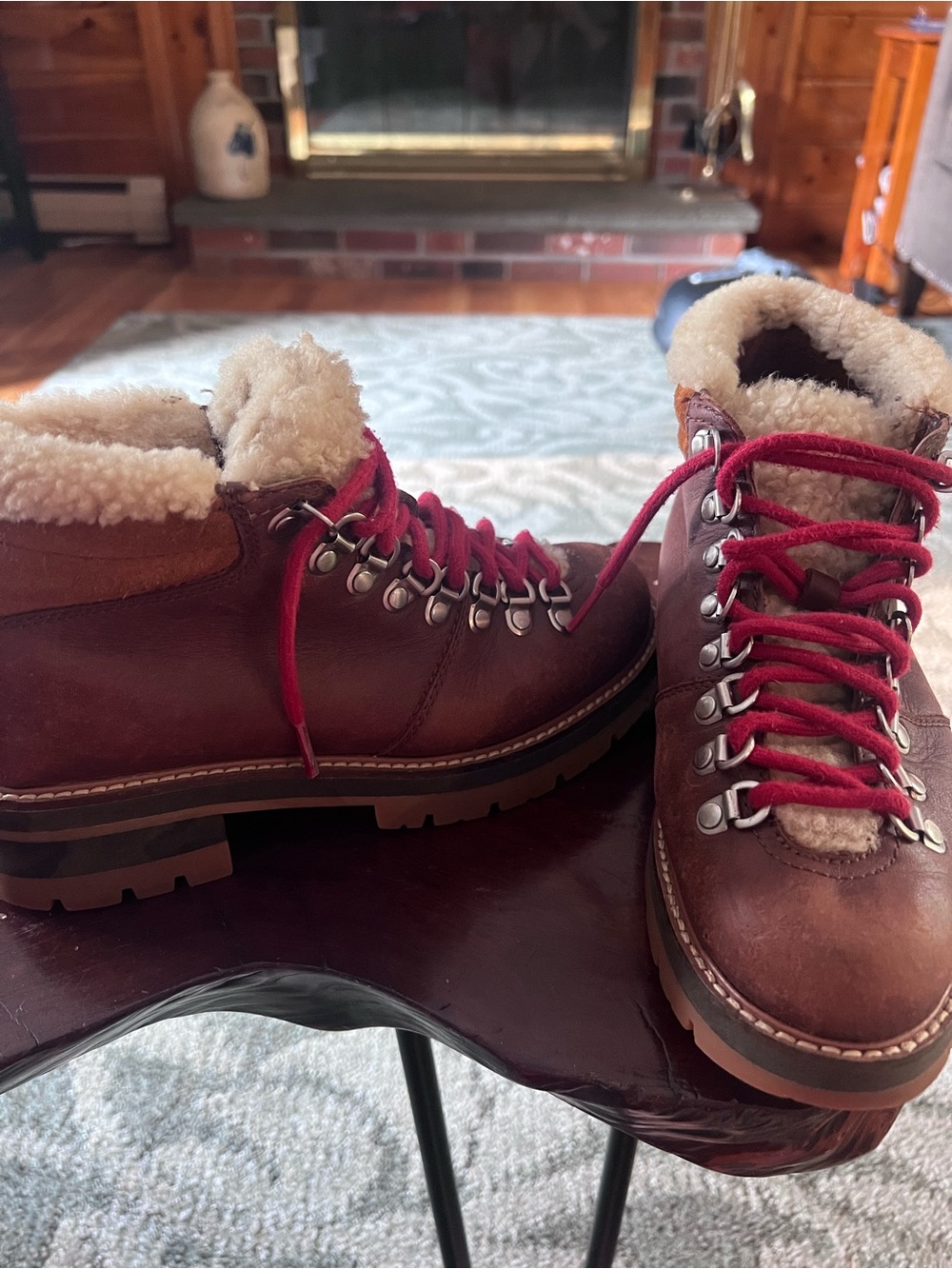Clarks Brown Leather Shearling-Lined Hiker Boots with Red Laces